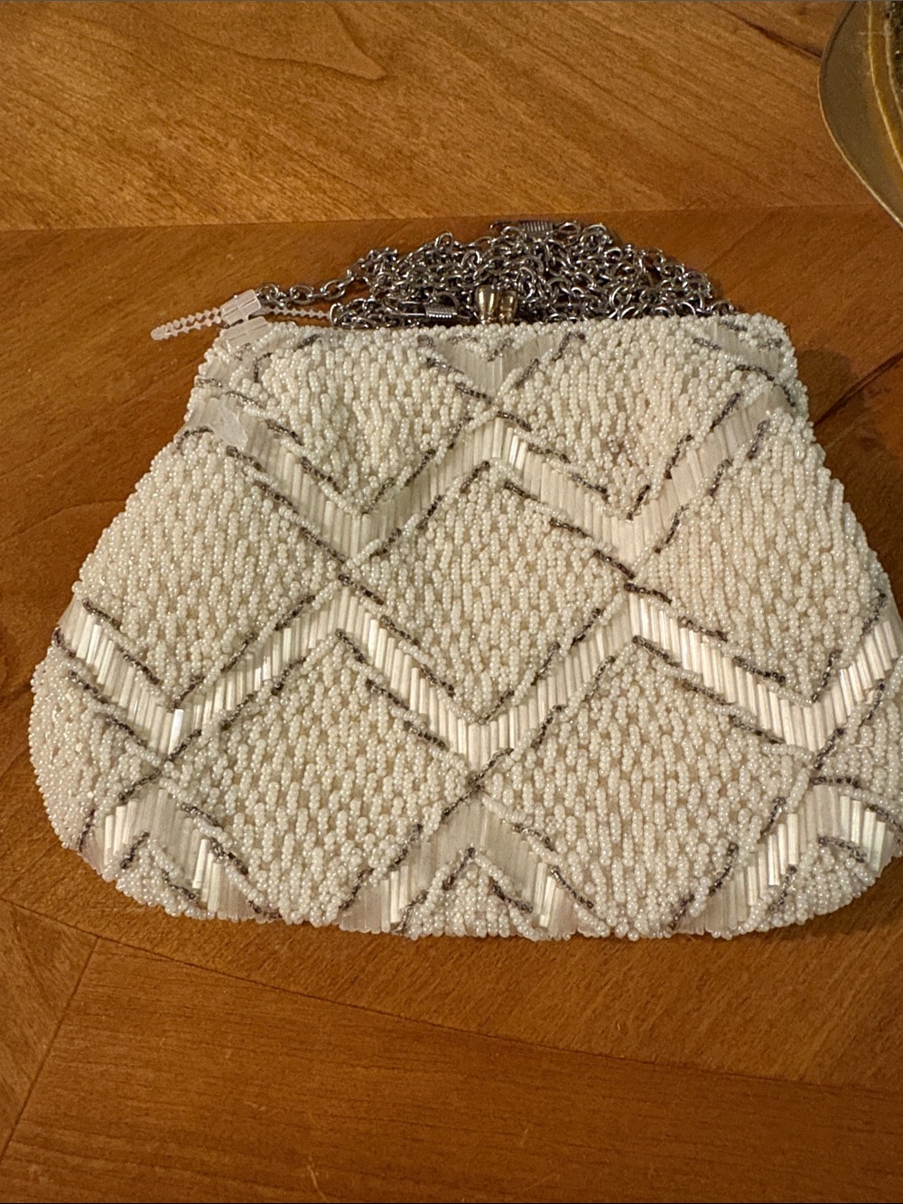 Elegant White Beaded Evening Clutch with Silver Accents